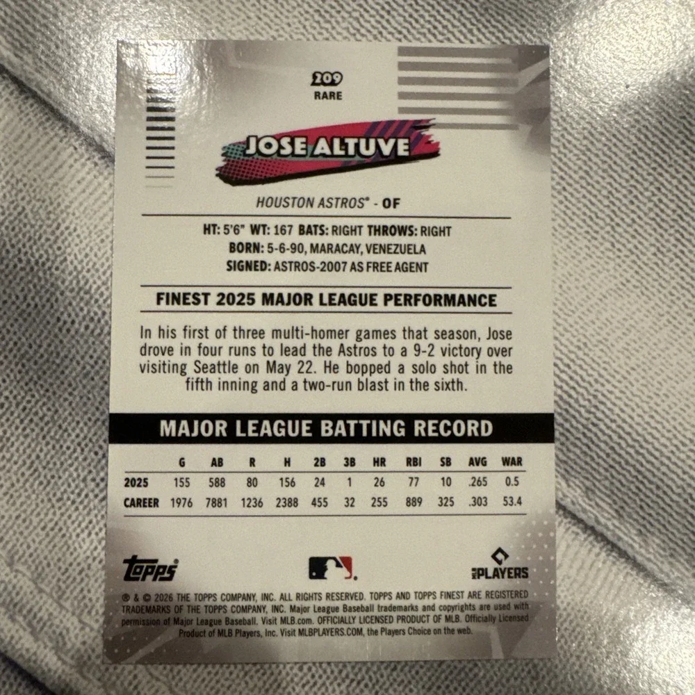 2026 Topps Finest Jose Altuve #209 Rare Houston Astros Baseball Card